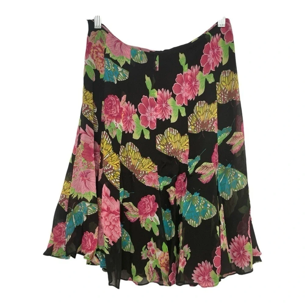 Karen Kane Lifestyle 100% Silk Floral Butterfly Car Wash Skirt Multicolored Sz 6